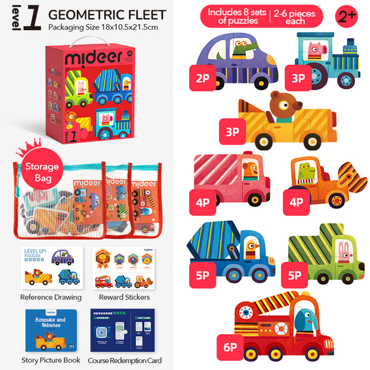 Children's toy set with geometric vehicle puzzles and packaging details.