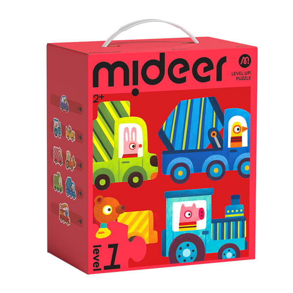 Mideer children's puzzle box with colorful truck illustrations on a red background