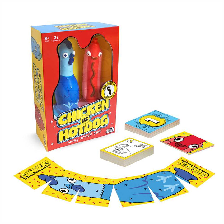 Chicken vs Hotdog board game packaging with cards on a white background