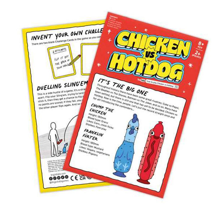 Game cards from 'Chicken vs Hotdog' with character illustrations and rules text.