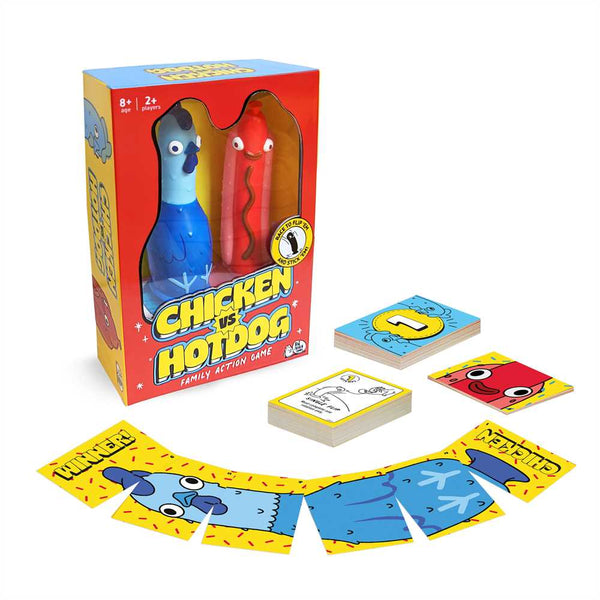 Chicken vs Hotdog board game packaging with cards on a white background