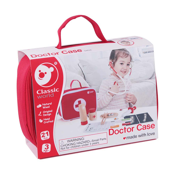 Doctor play set case packaging with a child playing doctor on a white background