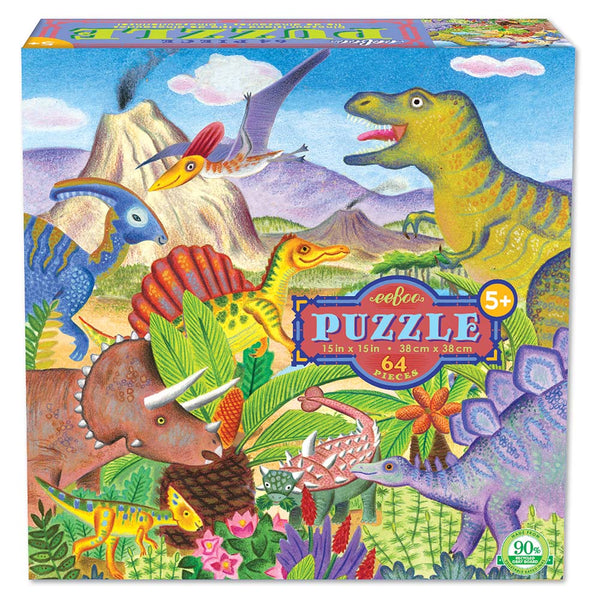 Dinosaur-themed puzzle box with colorful illustrations of dinosaurs and a mountainous landscape.