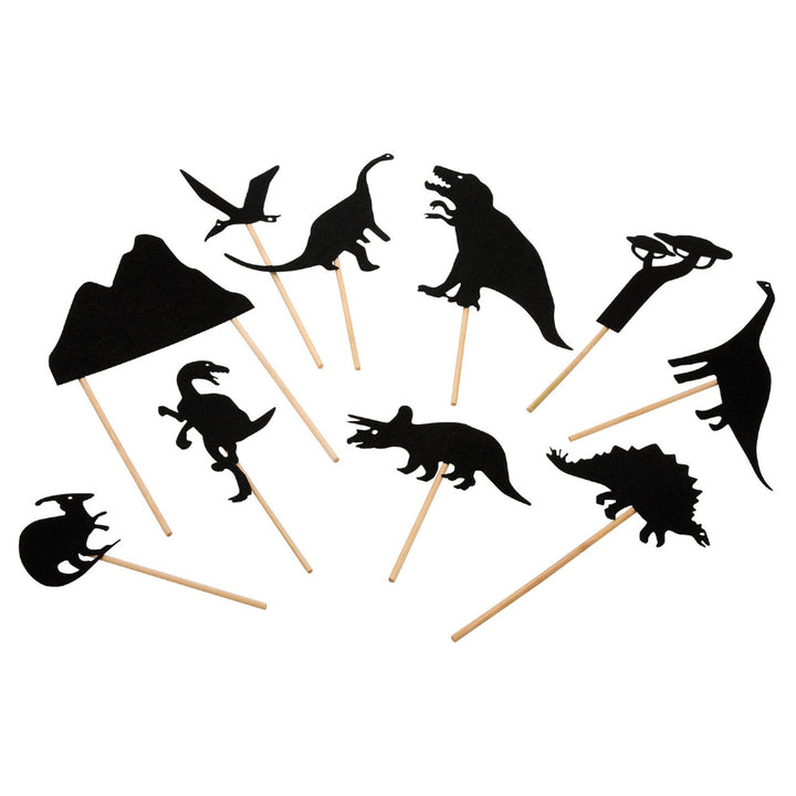 Image of what is included in the dinosaur shadow puppet set