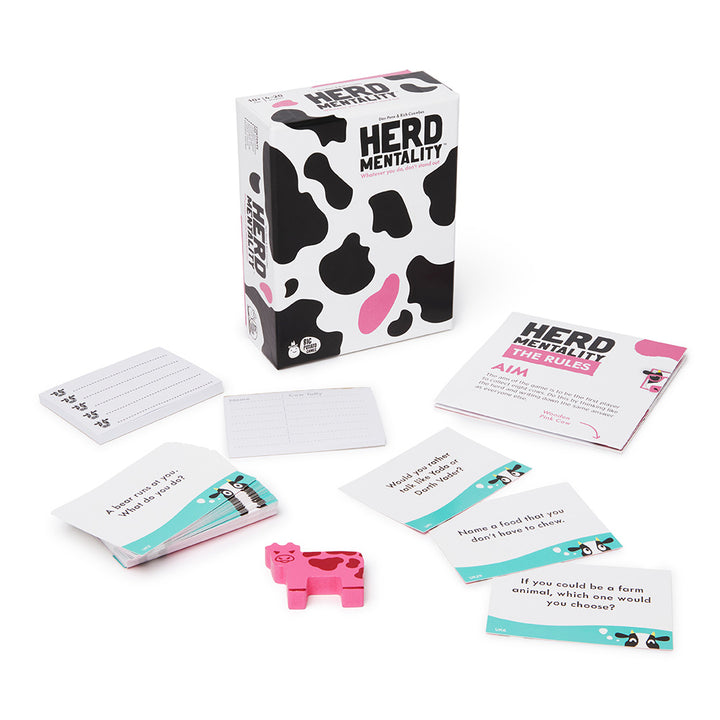 Herd Mentality game components including cards and box on a white background
