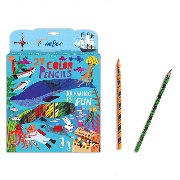Colorful packaging of 24 color pencils with illustrations of sea creatures and a pencil displayed next to it.