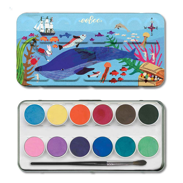 Watercolor paint set with an underwater scene design on the lid