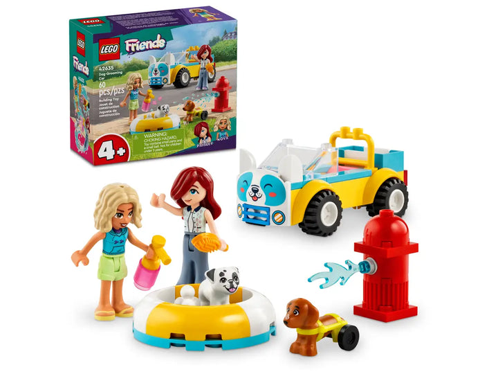 LEGO Friends set with two figures, a doggy car, and a fire hydrant on a white background.