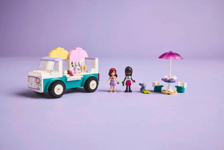 LEGO ice cream truck and figures on a purple background
