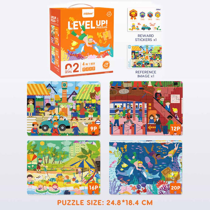 Children's puzzle set with packaging and puzzle pieces on a white background