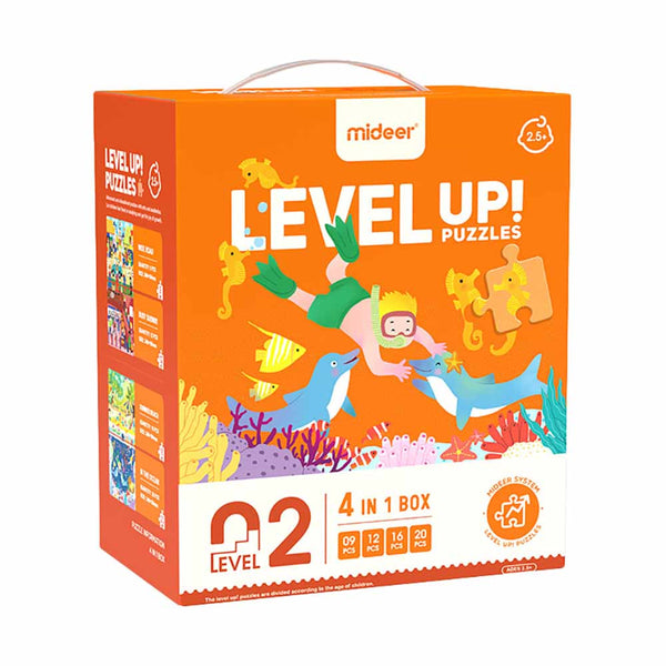 Mideer Level Up! Puzzles packaging with an underwater theme on an orange background