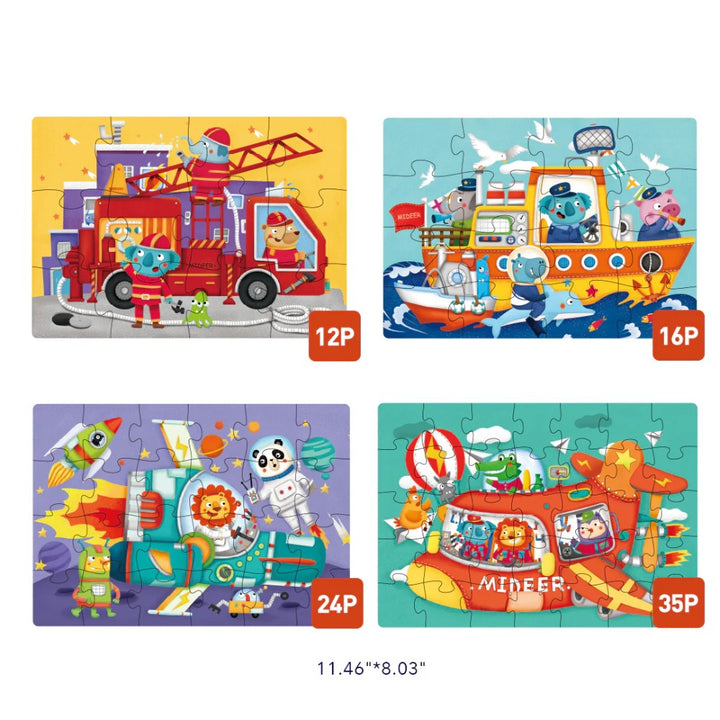 Four children's puzzles with different themes and piece counts on a white background.