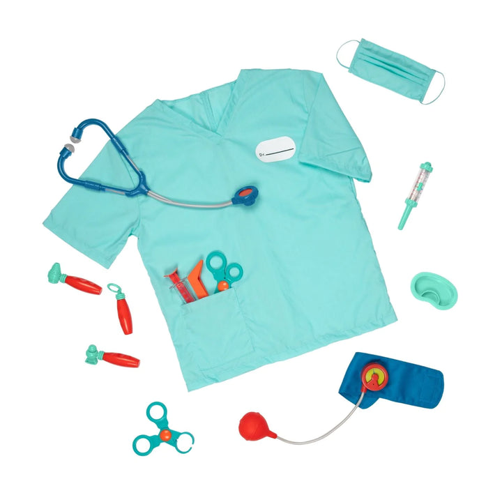 Image of what is included in the Little Doctor’s Kit Deluxe Doctor Set with Scrubs Top and Mask
