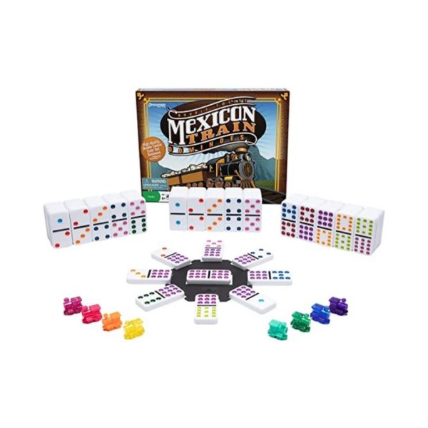 Image of what is included in the Mexican Train Dominoes game 
