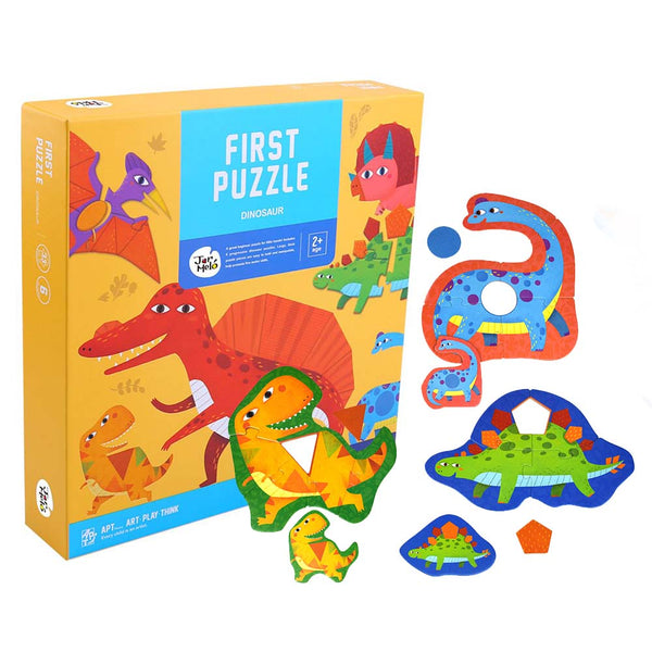 Children's dinosaur puzzle set with packaging on a white background