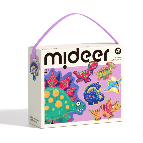 Mideer dinosaur puzzle box with colorful illustrations on a white background