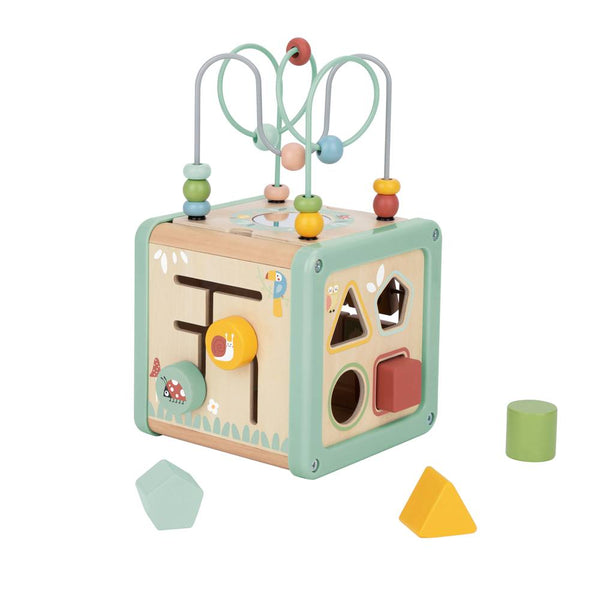 Colorful wooden toy cube with beads and shape sorter on a white background
