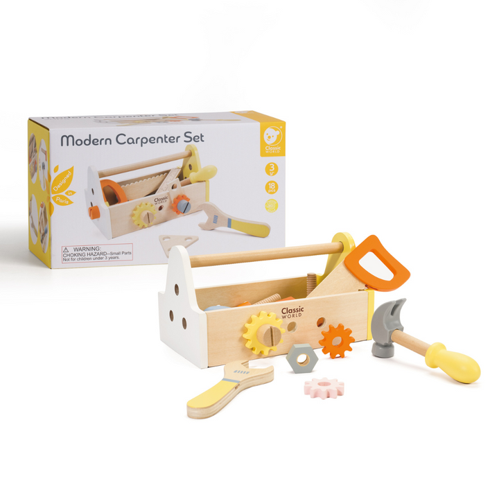 Wooden toy carpenter set with tools and toolbox on a white background