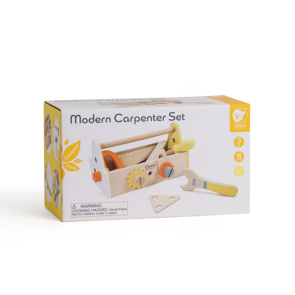 Box of a modern carpenter kids tool set with tools on a white background
