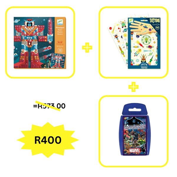 Space Battle Mosaic - 4 Designs | Djeco + Space Oddity Temporary Tattoos - Pre-cut and Dermatologically tested | Djeco + Top Trumps – Marvel Universe Who's Your Hero?