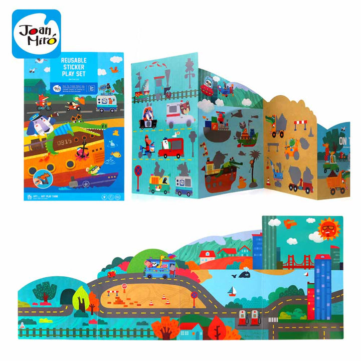 reusable sticker play set with colorful scenes and vehicles on a white background