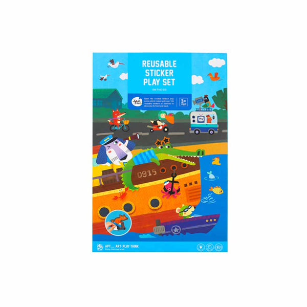 Reusable sticker play set packaging with colorful illustrations on a white background