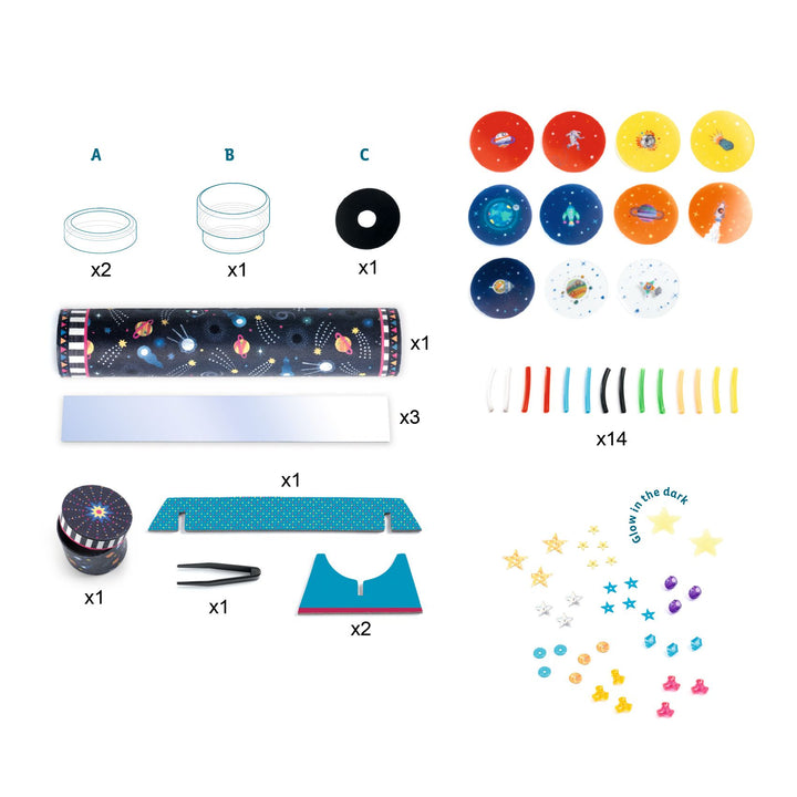 Image of what is included in the Do it yourself: kaleidoscope set
