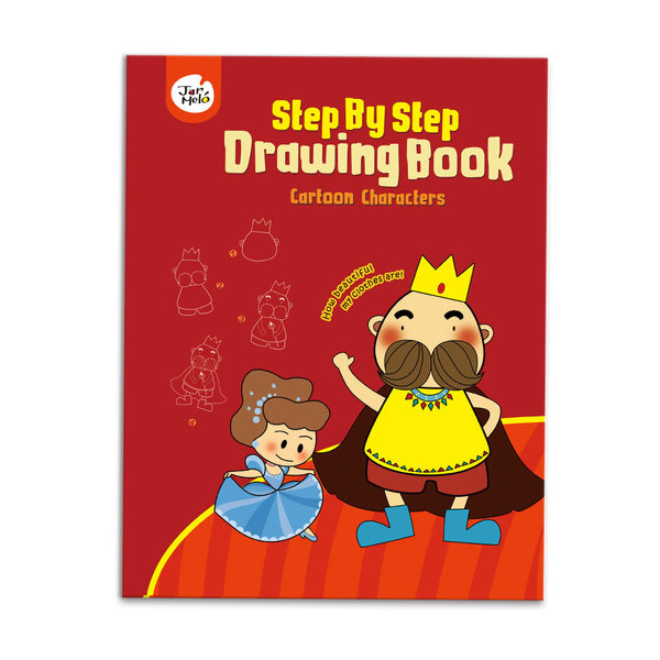 Step by Step Drawing Book for Cartoon Characters on a red cover with cartoon king and queen illustration.