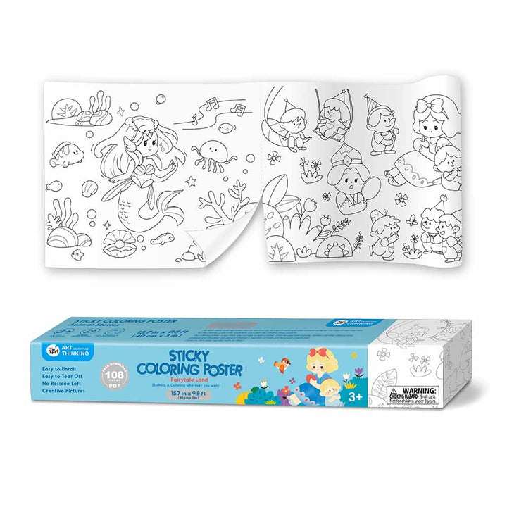 Sticky coloring poster with mermaid and gnome designs and packaging on a white background
