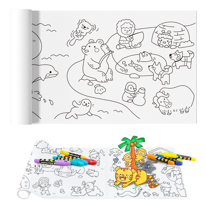 Coloring book with animal illustrations and markers on a white background