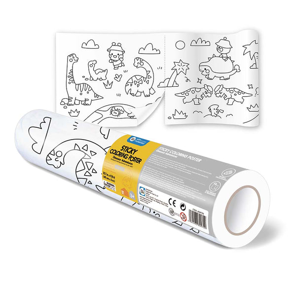 Roll of sticky coloring poster with dinosaur designs on a white background