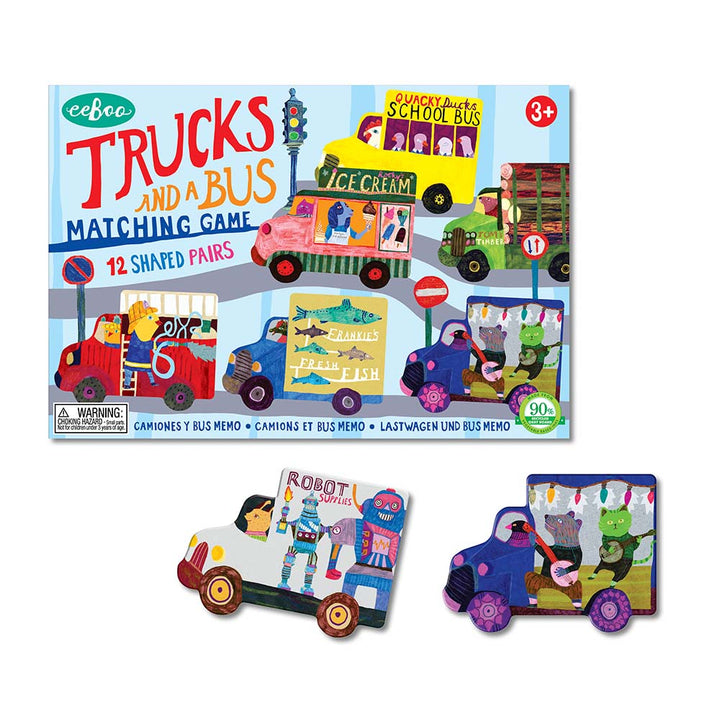 eeBoo Trucks and a Bus matching game packaging with colorful illustrations of vehicles and game pieces.