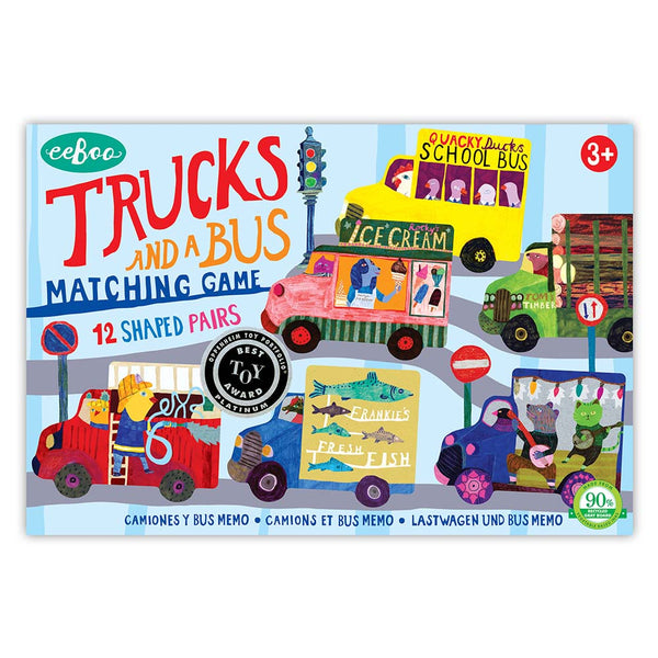  eeBoo Trucks and a Bus matching game packaging on a white background