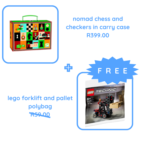 Nomad Chess and Checkers in Carry Case | Djeco + LEGO® Technic Forklift with Pallet Polybag (30655) Age 8+