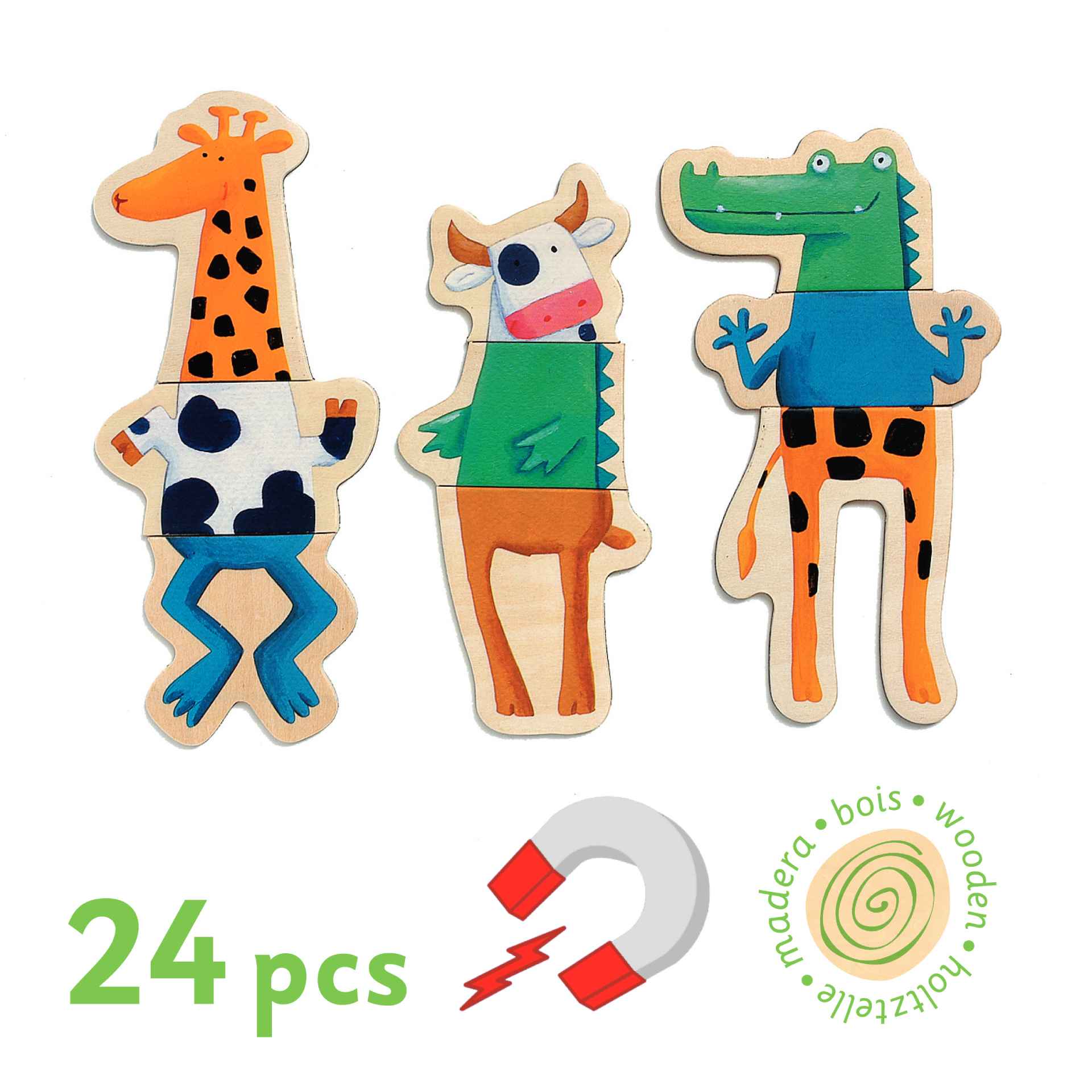 Magnetic's Crazy Wooden Magnet Set - 24 Piece Animal Theme | Djeco