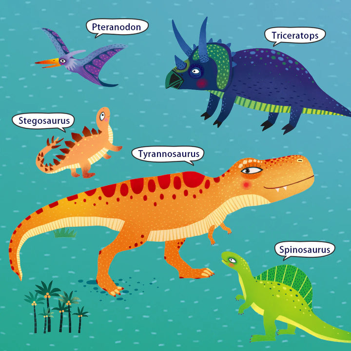 Illustrations of various dinosaurs with labels on a blue background