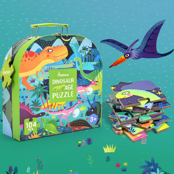 Dinosaur-themed puzzle set with colorful packaging on a blue background