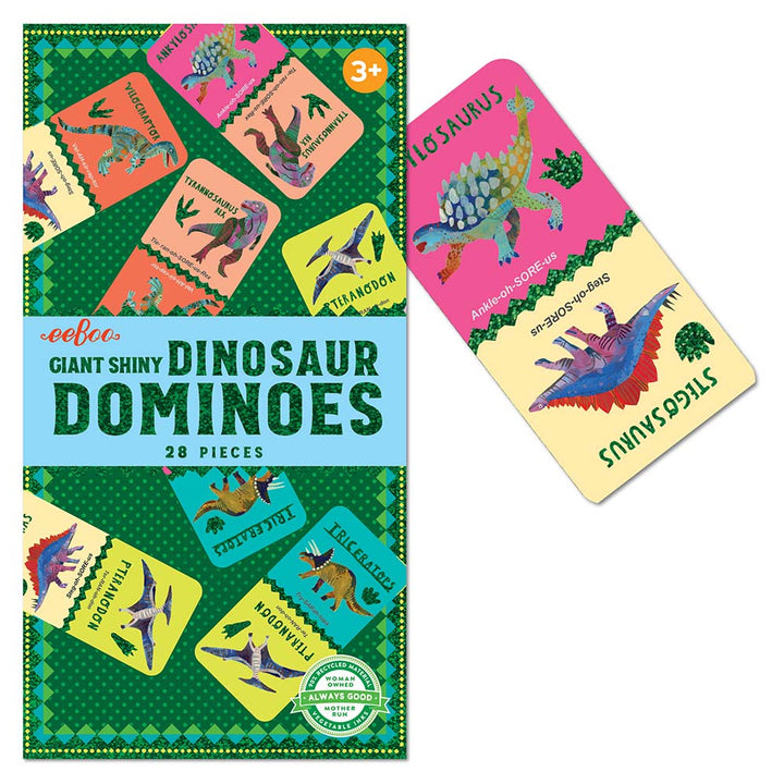 Shiny Dinosaur Dominoes set with colorful packaging and domino pieces.
