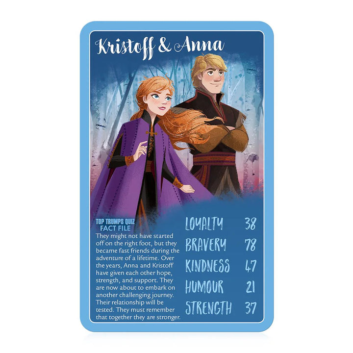 Card featuring Kristoff and Anna from Frozen with character stats on a blue border