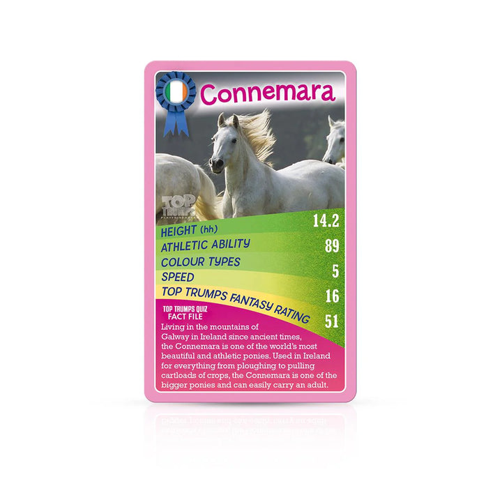 Top Trumps card featuring Connemara ponies with colorful text and branding.
