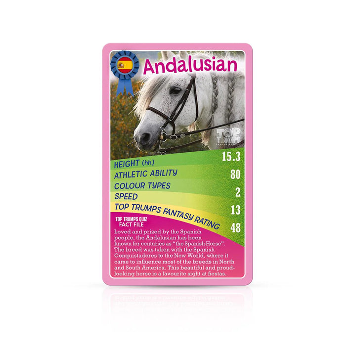 Card featuring an Andalusian horse with information on a white background