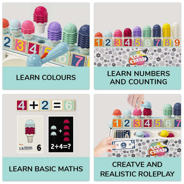 Educational toy set with ice cream-themed learning elements for colors, numbers, and basic math.