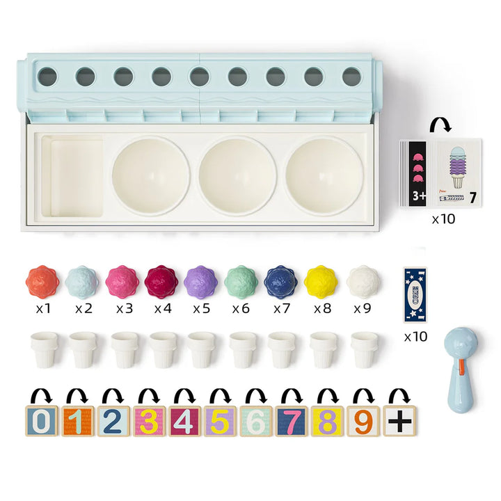 Educational toy set with number and color recognition elements on a white background