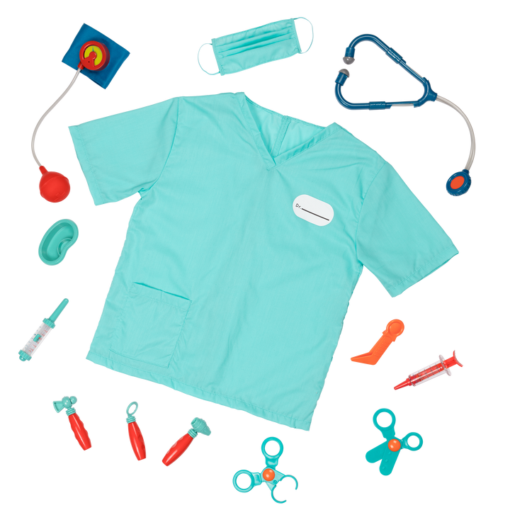 Children's medical play set with teal scrubs, stethoscope, and various accessories on a white background