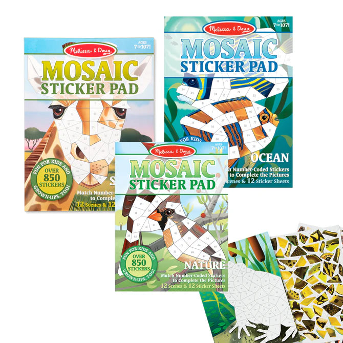 Three Mosaic Sticker Pads by Melissa & Doug on a white background
