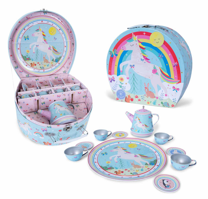 Children's tea set with unicorn and rainbow design in a suitcase