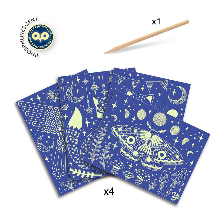 Image of what is included in the 'At night' scratchcard from Djeco