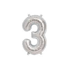 Image of a silver #3 birthday balloon