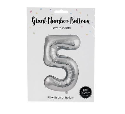 Image of a silver #5 birthday balloon