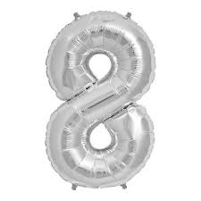 Image of a silver #8 birthday balloon